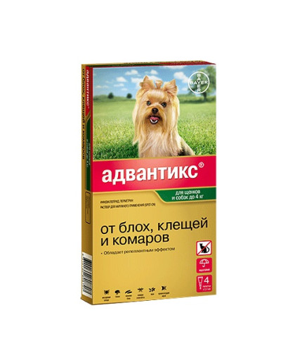  Адвантикс 40 для собак до  4кг, 1 пипетка *4 (от блох, клещей и комаров)