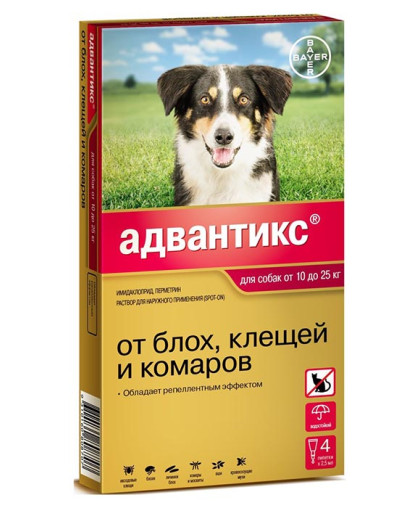 Адвантикс 250 для собак  10-25кг, 1 пипетка *4 (от блох, клещей и комаров)