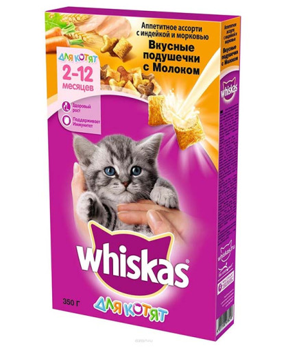  Вискас/Whiskas  350гр корм для котят подушечки с молоко/индейка/морковь *10