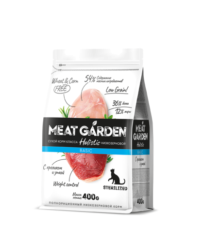  Мит Гарден/Meat Garden Basic Низкозерновой корм для кошек стерилл/кастр Кролик/Утка  400гр