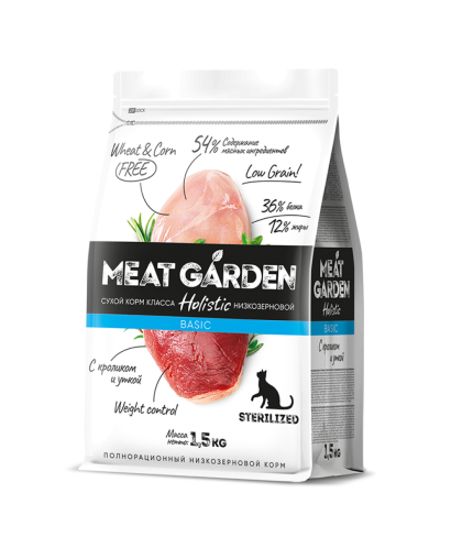  Мит Гарден/Meat Garden Basic Низкозерновой корм для кошек стерилл/кастр Кролик/Утка  1,5кг