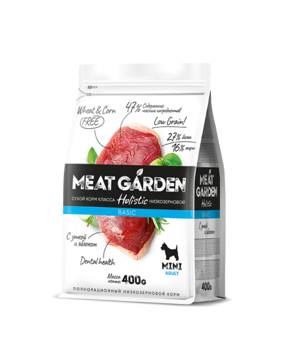  Мит Гарден/Meat Garden Basic Низкозерновой корм для собак мелких пород Утка/Яблоко  400гр