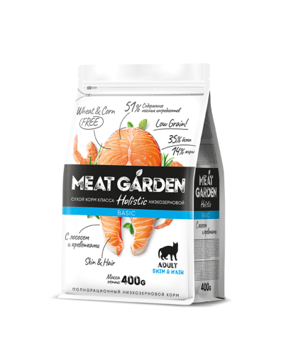  Мит Гарден/Meat Garden Basic Низкозерновой корм для кошек Лосось/Креветки  400гр