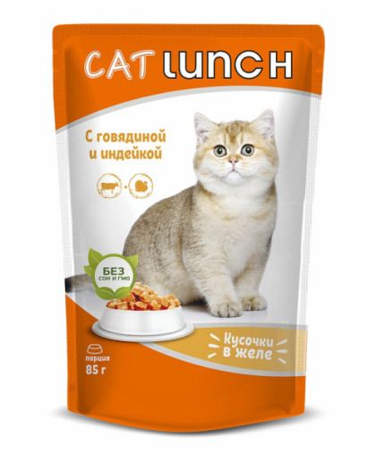  КэтЛанч/Cat Lunch пауч корм для кошек Кусочки в желе Говядина и Индейка  85г*24