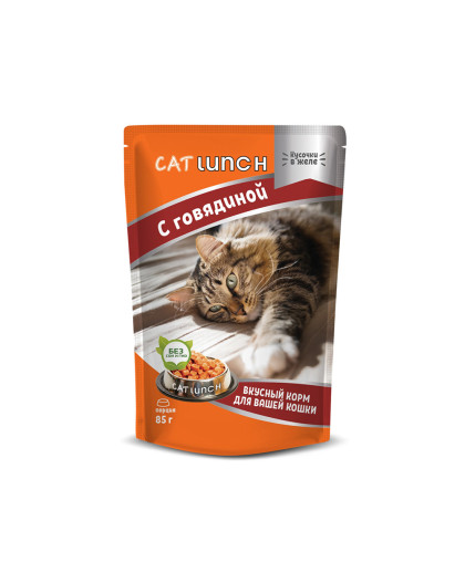  КэтЛанч/Cat Lunch пауч корм для кошек Кусочки в желе Говядина  85г*24