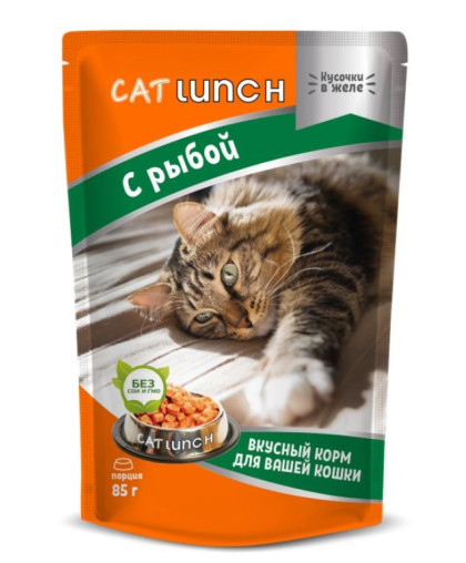  КэтЛанч/Cat Lunch пауч корм для кошек Кусочки в желе Рыба  85г*24