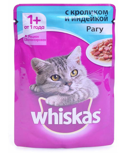  Вискас/Whiskas  85гр корм для кошек рагу кролик/индейка *24