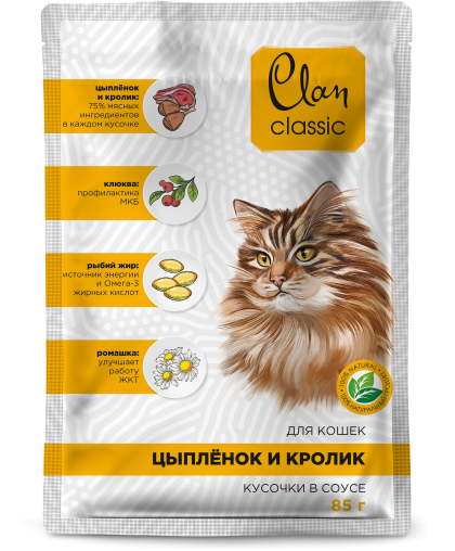  Клан/Clan Classic пауч корм для кошек соус Цыпленок/Кролик/клюква и ромашка  85гр*14