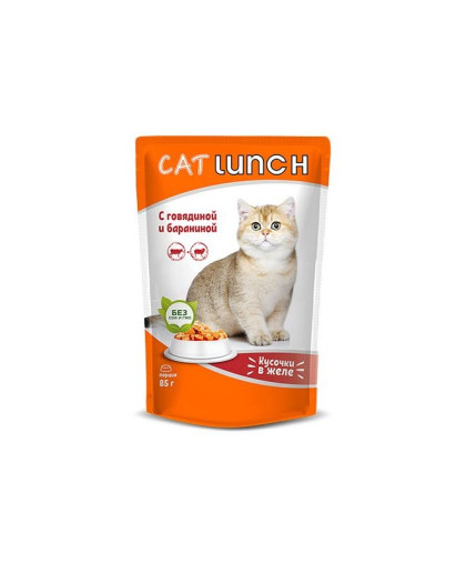  КэтЛанч/Cat Lunch пауч корм для кошек Кусочки в желе Говядина и Баранина  85г*24