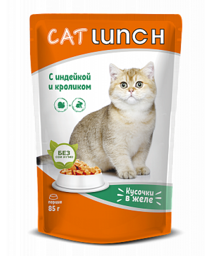  КэтЛанч/Cat Lunch пауч корм для кошек Кусочки в желе Индейка и Кролик  85г*24