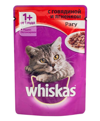  Вискас/Whiskas  85гр корм для кошек рагу говядина/ягненок *24