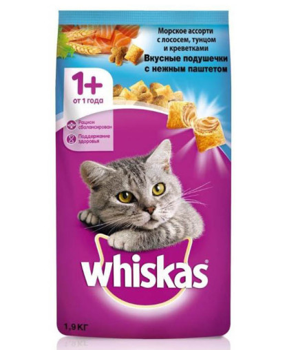  Вискас/Whiskas  1,9кг корм подушечки паштет лосось/тунец/креветка *10